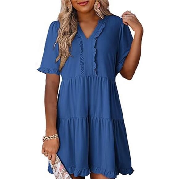 Tiered Notched Short Sleeve Mini Dress - Picture 10 of 16